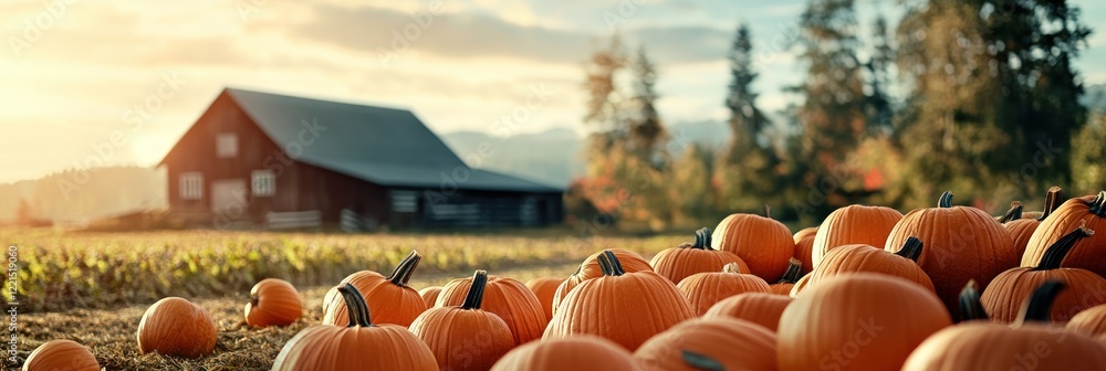 Poster vibrant pumpkins of various sizes are freshly picked and scattered on an autumn field with a rustic 