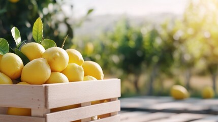 Gathered in a wooden crate freshly picked lemons shine in the soft morning light. A blurred Mediterranean grove sets a bright sunlit atmosphere perfect for showcasing local produce
