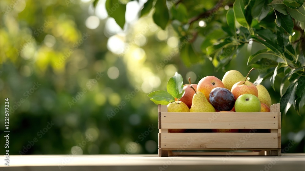 Poster freshly picked apples pears and plums are gathered in a rustic crate placed on a garden table. dappl