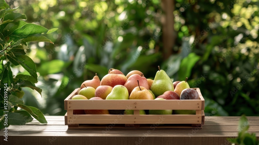 Poster rustic crate overflowing with freshly picked apples pears and plums sits on a wooden garden table il