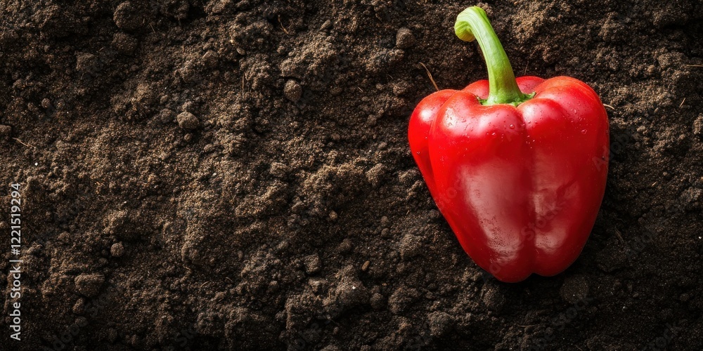 Poster a single red bell pepper has just been harvested and is situated on bare soil surrounded by minimal 