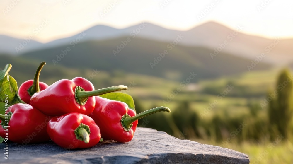 Poster a cluster of vibrant red peppers lies on stone set against a soft backdrop of rolling hills and dist