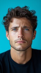 Obraz premium Pensive male facing tension against azure backdrop for emotional expression and portrait art