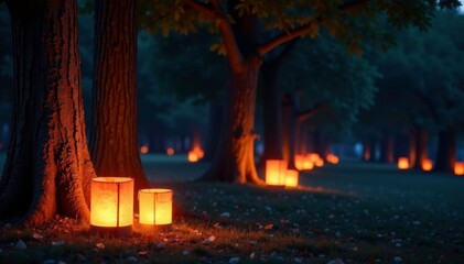 Glowing lanterns wrap around tree trunks with radiant light, elegant, sophisticated, night