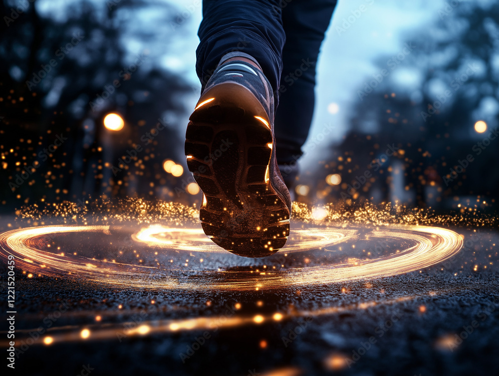 Poster glowing trail of running footprints: dynamic energy and motion abstract feet path fast race dark for