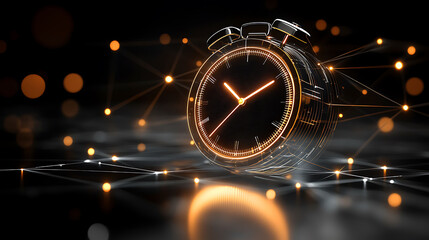 Sleek, futuristic alarm clock glows with warm light against a dark, interconnected network backdrop.  Perfect for concepts of time management, technology, or global connectivity.