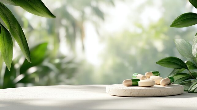 A neat pile of beige and green tablets sits on a smooth stone surface surrounded by wild plants and filtered sunlight showcasing a tranquil and natural atmosphere for health enthusiasts