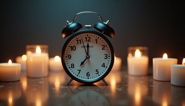 Black alarm clock with candles in a dimly lit setting.