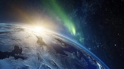 Fototapeta premium A beautiful image of the Earth with a bright sun in the sky. The sun is surrounded by a green and blue aurora. Concept of wonder and awe at the beauty of the universe