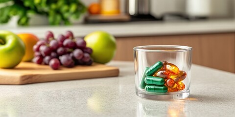 Colorful multivitamin pills in a clear glass container are displayed on a light stone kitchen countertop alongside a blurred backdrop of grapes and apples on a cutting board