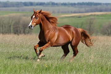 Fototapeta premium Dynamic Colt Running in Lush Pasture with Graceful Mare: A Vibrant Equine Scene