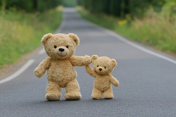 Tender Moment: A Larger Teddy Bear Embracing a Smaller Companion, Symbolizing Compassion on a Serene Road