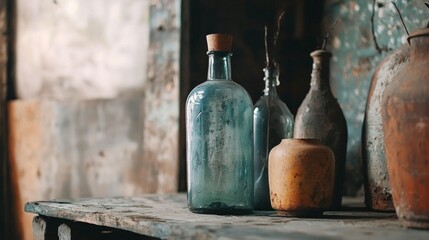 Rustic still life with vintage glass bottles on wooden table