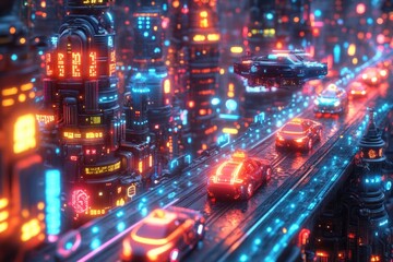 Fototapeta premium Cityscape at nighttime with vibrant neon lights and modern architecture, suitable for use in futuristic or sci-fi concepts