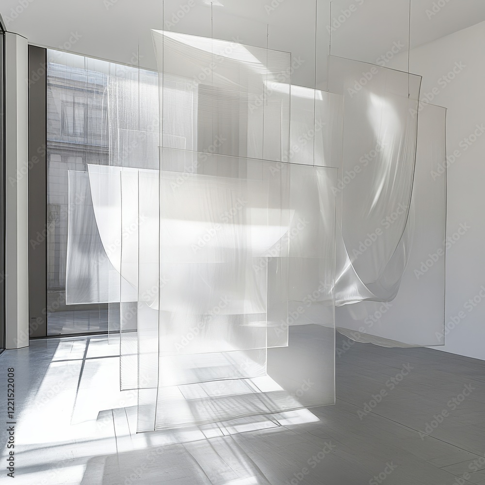 Poster an abstract installation featuring translucent panels plays with natural light and shadows, creating