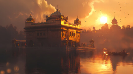 Discover the beauty of the golden temple in amritsar at sunrise. generative ai. Gilded Temple. Illustration