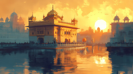 Discover the beauty of the golden temple in amritsar at sunrise. generative ai. Gilded Temple. Illustration