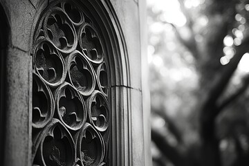 Intricate stone carving adorns an arched window, showcasing detailed gothic patterns against a...
