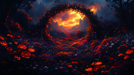 Enthralling fantasy landscape a vibrant flower field framed by a floral archway, leading to a breathtaking sunset over dramatic mountains.