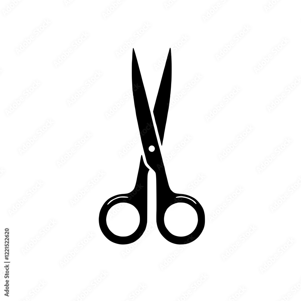 Poster sharp scissors icon: a minimalist black and white icon of a pair of open scissors, ready for action.