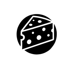Cheese Icon: A simple yet delicious illustration of a wedge of Swiss cheese, featuring iconic holes, presented within a bold black circle.  Perfect for menus, packaging, and dairy-related projects. 