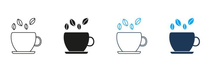 Cup with Coffee Beans Line and Silhouette Icon Set. Hot Drink in Cup Symbol. Editable Stroke. Isolated Vector Illustration