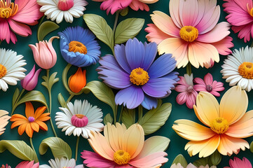 穏やかな色合い, 花柄テーマ, 花のイラスト, 壁の装飾, スタイライズされたブーケ, 繰り返しデザイン, グラフィックオーナメント, 明るい花, 色彩の調和, エレガントな装飾, 自然をテーマにした, 無限パターン.