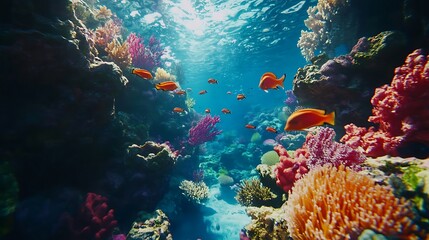 Fototapeta premium Coral reef painting colorful vibrant tropical marine life underwater sunlight paradise
