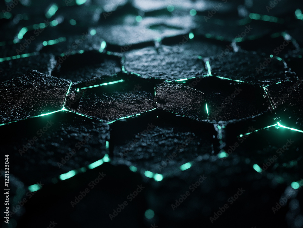 Poster glowing hexagonal maze: abstract labyrinth of light, infinite puzzle, geometric pattern, futuristic