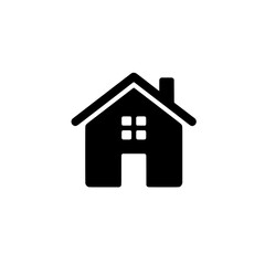 Simple Home Icon: A minimalist black silhouette of a house with a single window and chimney, symbolizing home, comfort, and belonging. This iconic design is perfect for web, app.
