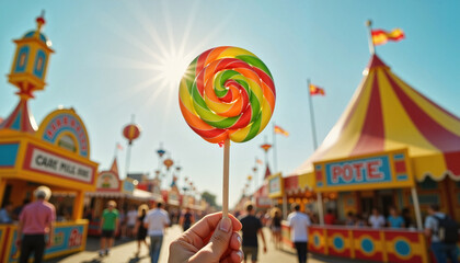 Person joyfully holding giant lollipop at vibrant carnival, celebration