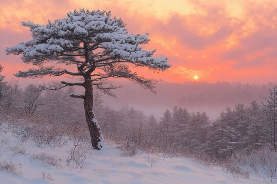 A snow-covered pine tree stands alone in a misty winter landscape at sunset, creating a serene and beautiful scene.