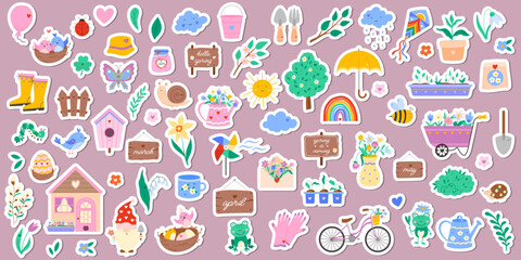 Naklejka premium Cute spring stickers set with flower, bird, insect, weather icons, garden tools, seedlings, heart, bicycle, cloud. Vector illustration for sticker kit, scrapbooking, greeting card, poster, tag
