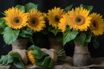 Fototapeta premium Fresh cut sunflowers arranged in vases on a table, perfect for decoration or gift