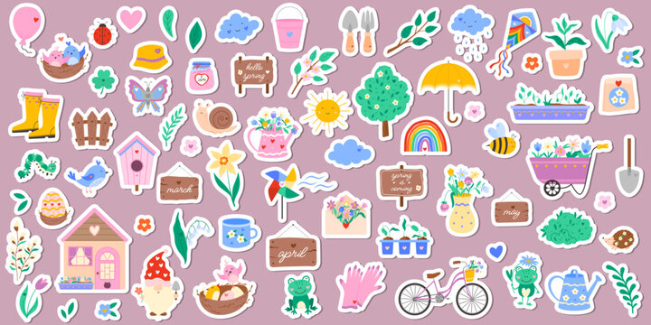 Cute spring stickers set with flower, bird, insect, weather icons, garden tools, seedlings, heart, bicycle, cloud. Vector illustration for sticker kit, scrapbooking, greeting card, poster, tag