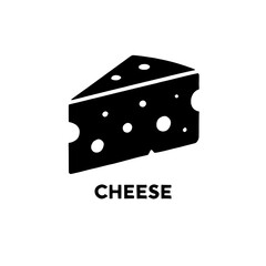 Cheese Icon:  A simple, yet bold, black silhouette of a wedge of Swiss cheese with holes, with the word 