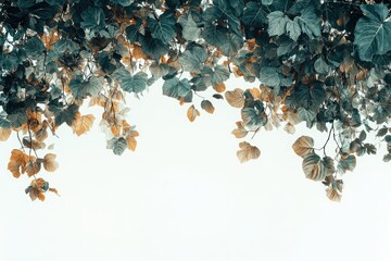 A border of teal and orange leaves hangs against a bright white background.