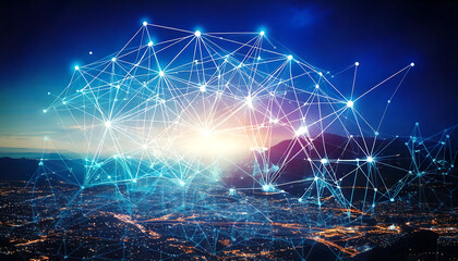 Stunning aerial view of a city at night overlaid with a luminous network of interconnected nodes, symbolizing global connectivity, technology, and digital transformation. Ideal for illustrating