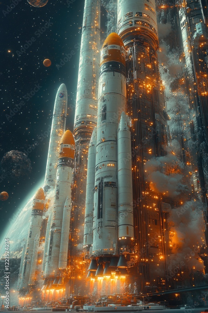 Poster a futuristic space station surrounded by multiple rockets in flight, suitable for use in sci-fi or t