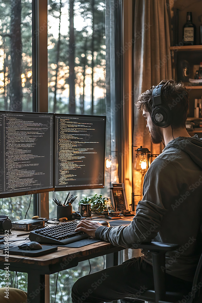 Poster focused programmer in headphones works on dual monitors displaying code at a rustic wooden desk, bat