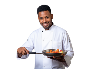 A photo of a person on a transparent background: A man in a chef's uniform holding a frying pan.
