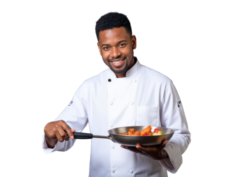 A photo of a person on a transparent background: A man in a chef's uniform holding a frying pan.