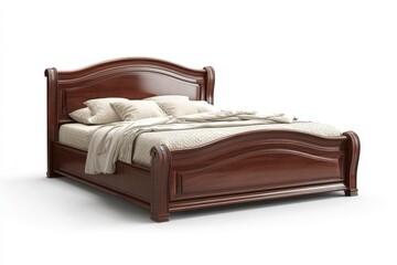 A large wooden bed with a white comforter and pillows. The bed is made and looks inviting