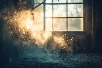Golden dust particles illuminate a dark room, sunlight streams through a window.