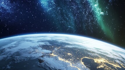 Fototapeta premium A beautiful view of the Earth from space, with the planet glowing in the night sky. The stars are scattered throughout the sky, creating a sense of wonder and awe