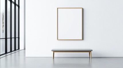 A minimalistic interior showcases an empty frame on a white wall with a sleek bench below it. This design creates a serene atmosphere perfect for showcasing art or decor