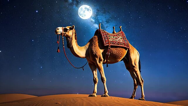 Camel Standing on Sand Dunes Under a Full Moon with Starry Sky and Traditional Saddle in Desert Landscape


