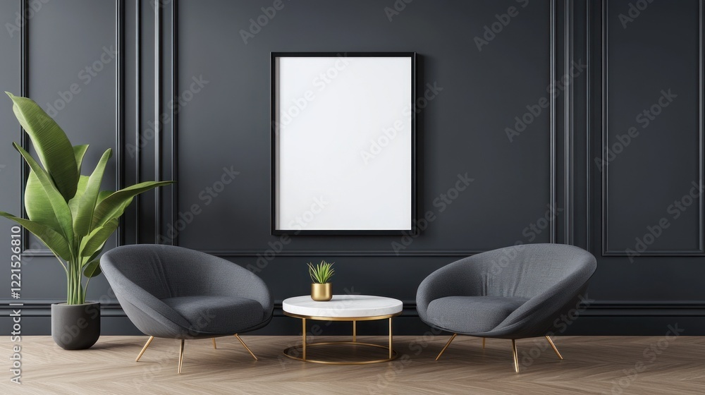 Poster empty wall mockup displays a clean frame in a sophisticated interior. two stylish chairs and a small