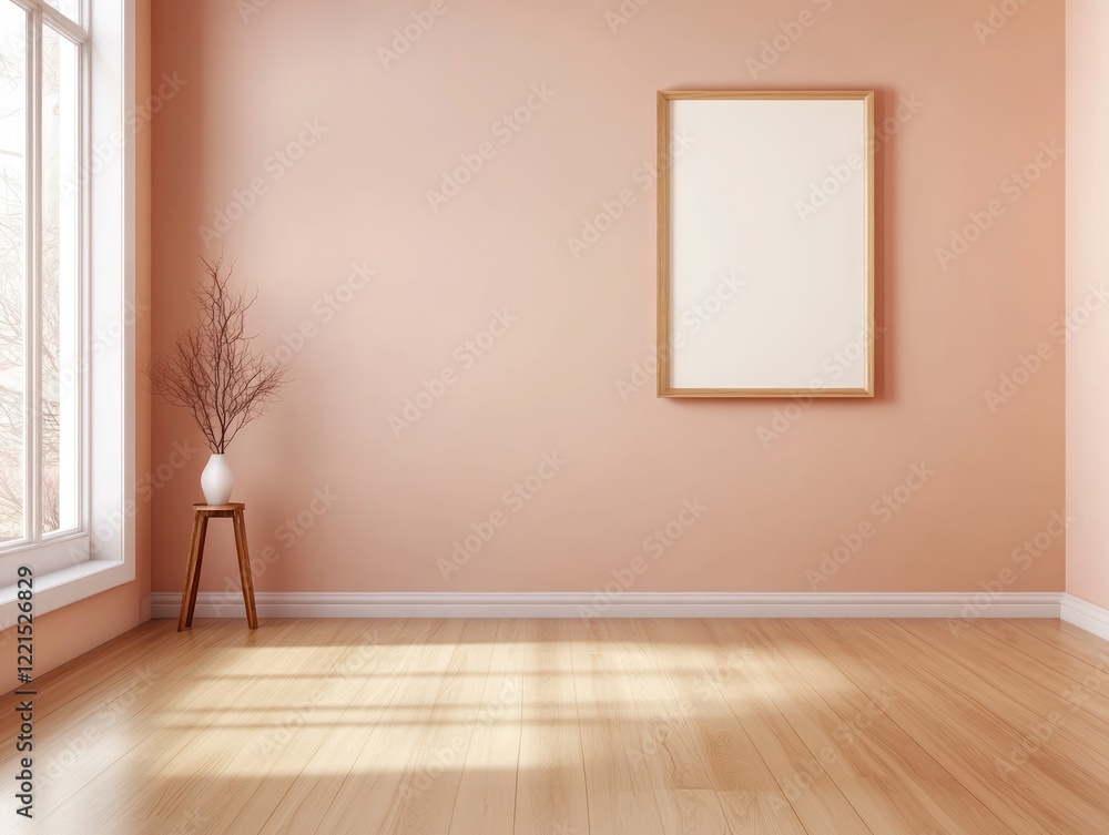 Poster featuring a well-designed interior with a blank frame mounted on a soft peach wall this setting crea