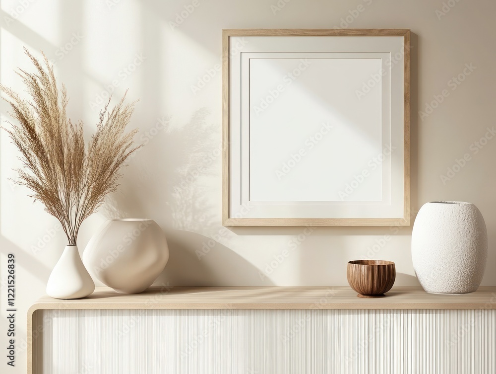 Poster the setup features a minimalist empty frame on a wall stylish decor on a sleek surface all bathed in